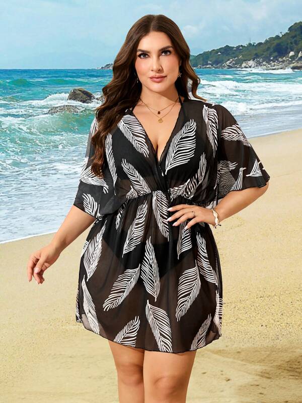 Saída De Praia Vestido Curto Estampado Transparência Plus Size