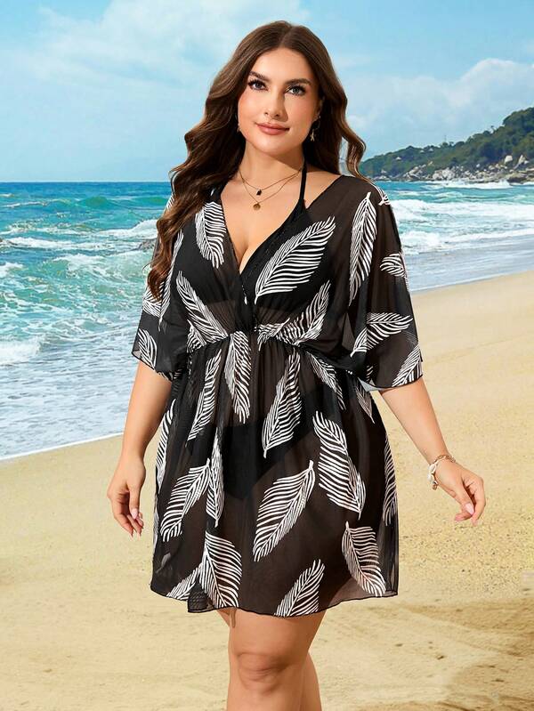 Saída De Praia Vestido Curto Estampado Transparência Plus Size