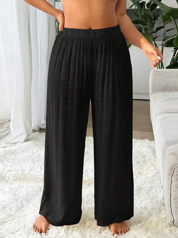 Saída De Praia Calça Pantalona Texturizada Resort Plus Size