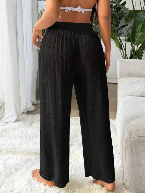 Saída De Praia Calça Pantalona Texturizada Resort Plus Size