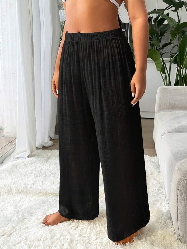 Saída De Praia Calça Pantalona Texturizada Resort Plus Size