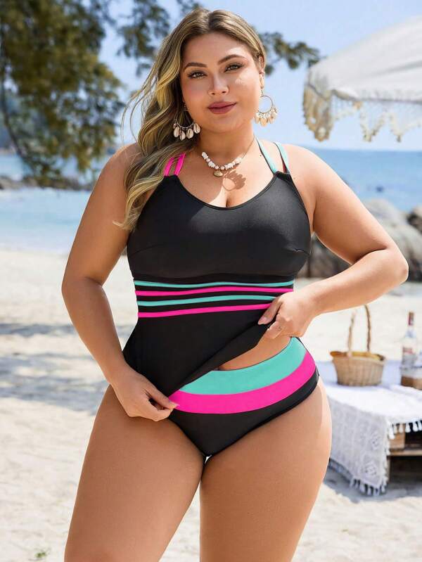 Tankini Decote Redondo Alças Duplas Esportivo Plus Size
