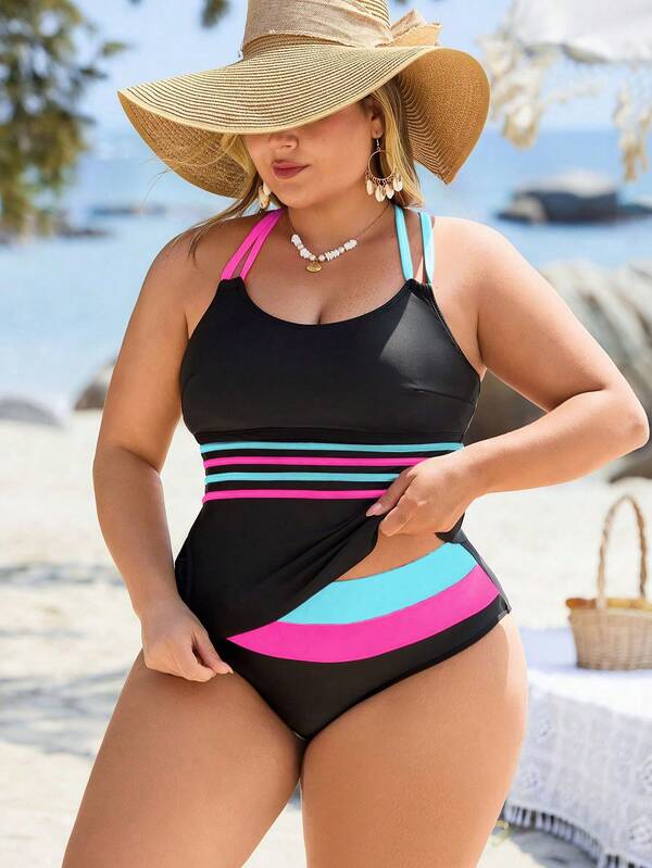 Tankini Decote Redondo Alças Duplas Esportivo Plus Size