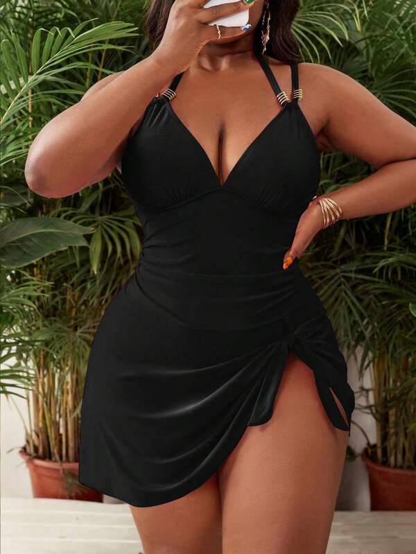 Maiô Frente Única Com Saia E Aviamento Modelador Plus Size