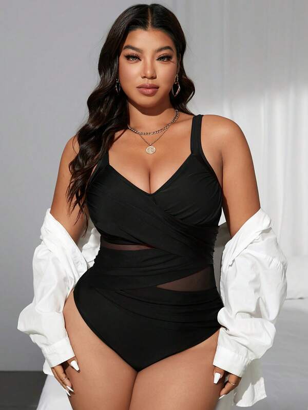 Maiô Transpassado Transparência Modelador Clássico Plus Size