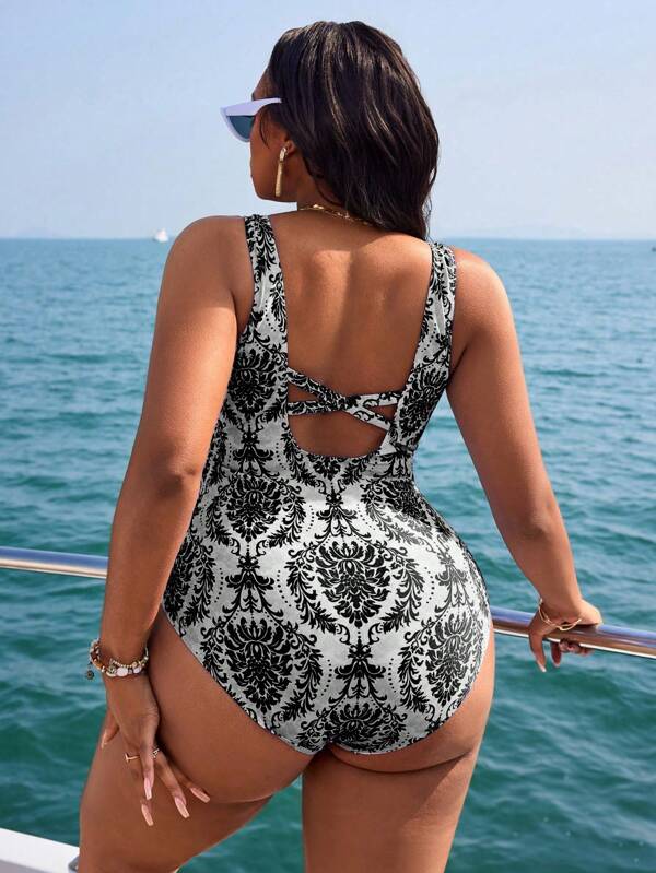 Maiô Frente Única Franzido Estampado Clássico Plus Size