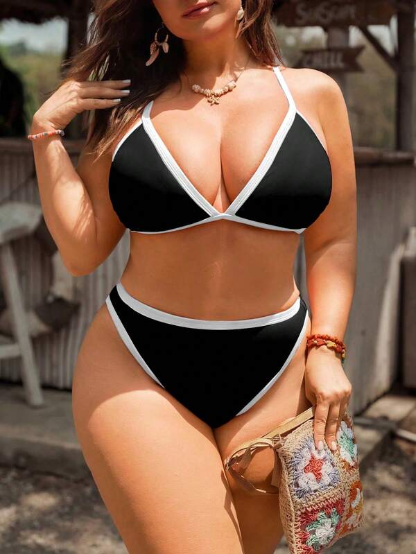 Biquíni Triângulo Cintura Alta Estilo Bicolor Plus Size