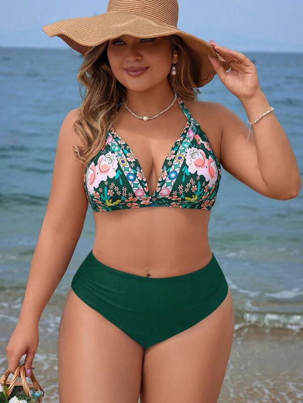 Biquíni Frente Única Cintura Alta Estampado Floral Plus Size