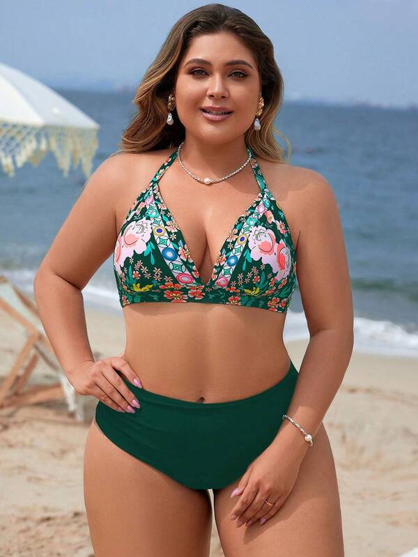 Biquíni Frente Única Cintura Alta Estampado Floral Plus Size