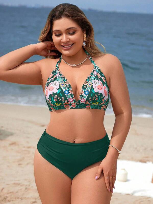 Biquíni Frente Única Cintura Alta Estampado Floral Plus Size