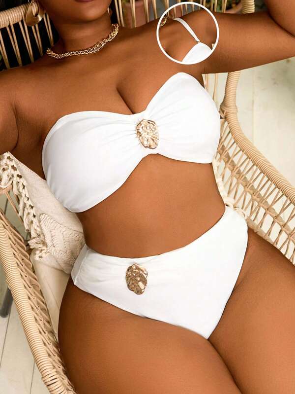 Biquíni Bandeau Cintura Alta Franzido Com Aviamento Plus Size