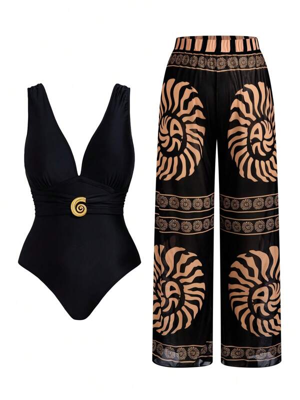 Conjunto Maiô Decote V Com Aviamento E Calça Plus Size