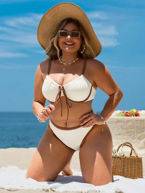 Biquíni Meia Taça Com Amarração Frontal Canelado Plus Size
