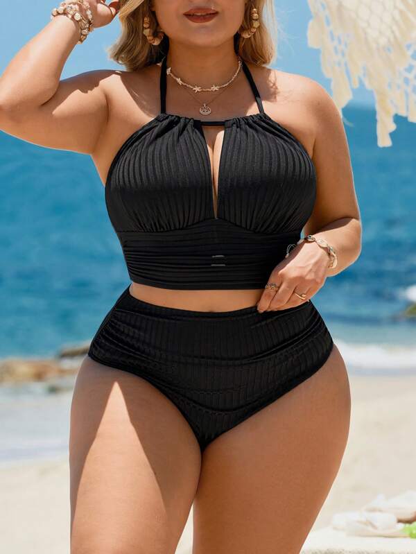 Biquíni Frente Única Cintura Alta Recorte Texturizado Plus Size