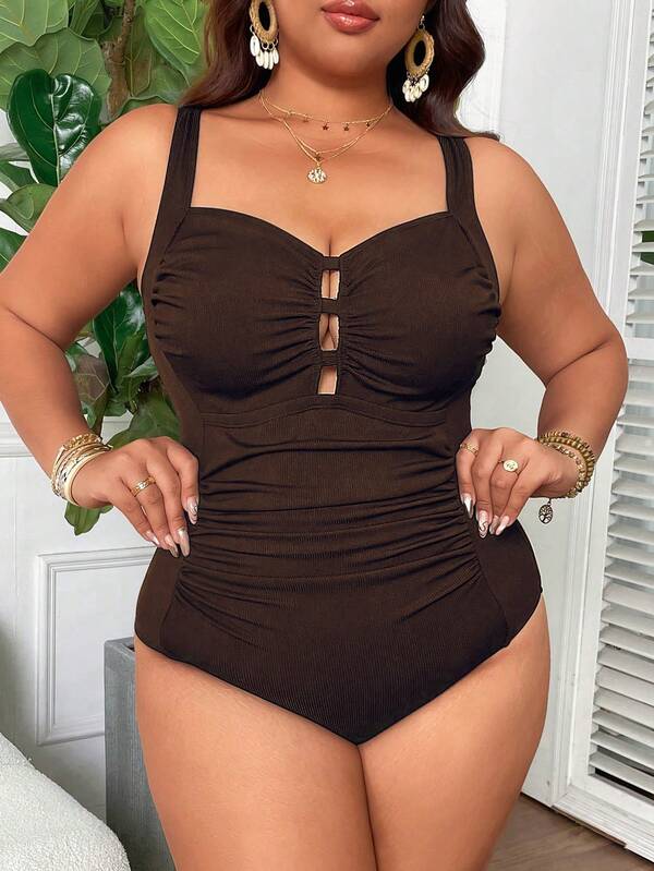Maiô Regata Franzido Com Recortes Modelador Plus Size
