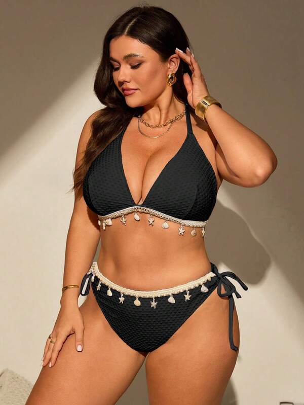 Biquíni Frente Única Texturizado Com Aviamentos Plus Size