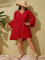Saída De Praia Kaftan Curto Com Manga Ampla E Vazados Plus Size