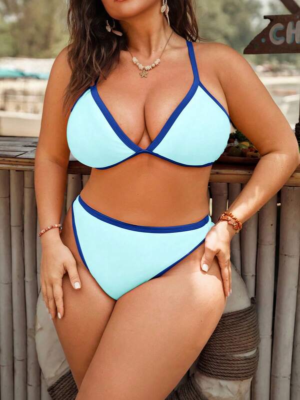 Biquíni Triângulo Cintura Alta Estilo Bicolor Plus Size
