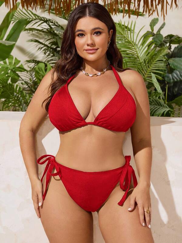 Biquíni Frente Única Com Amarração Lateral Canelado Plus Size