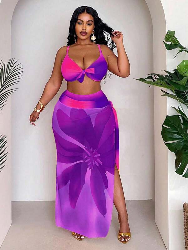 Conjunto Pareô Cintura Alta Estampado Degradê Floral Plus Size
