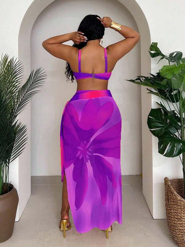 Conjunto Pareô Cintura Alta Estampado Degradê Floral Plus Size