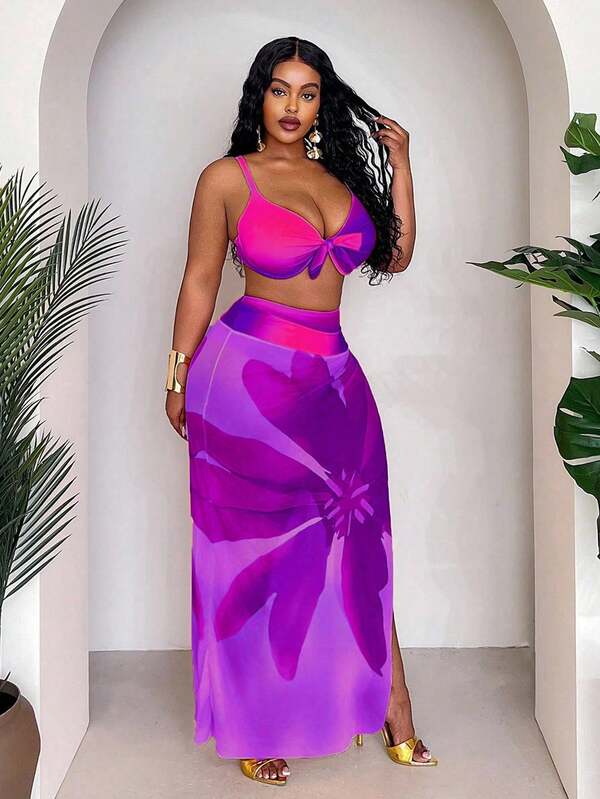 Conjunto Pareô Cintura Alta Estampado Degradê Floral Plus Size