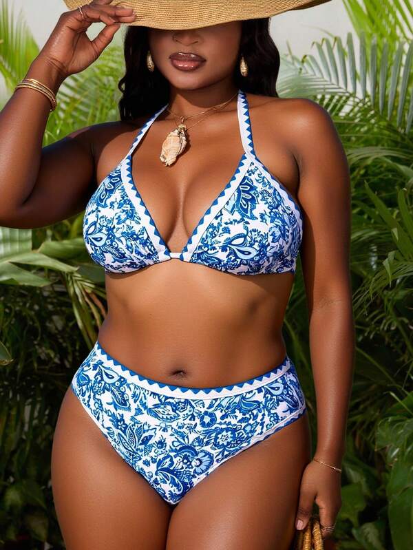 Biquíni Frente Única Cintura Alta Estampado Plus Size
