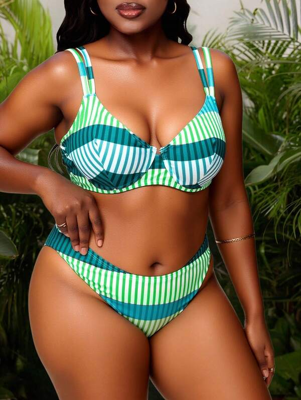 Biquíni Meia Taça Cintura Alta Estilo Listrado Plus Size