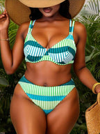 Biquíni Meia Taça Cintura Alta Estilo Listrado Plus Size