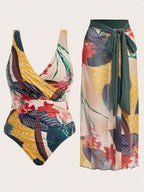 Conjunto Transpassado Estampado Com Pareô Plus Size
