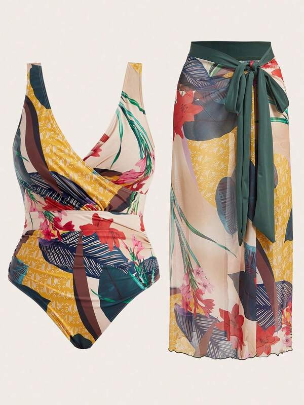 Conjunto Transpassado Estampado Com Pareô Plus Size
