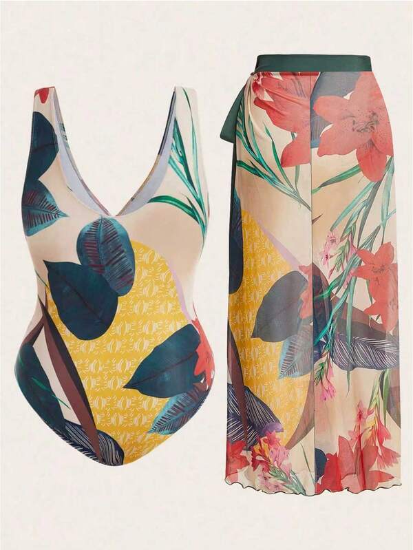 Conjunto Transpassado Estampado Com Pareô Plus Size