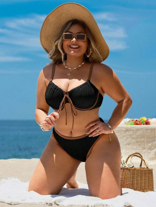 Biquíni Meia Taça Com Amarração Frontal Canelado Plus Size