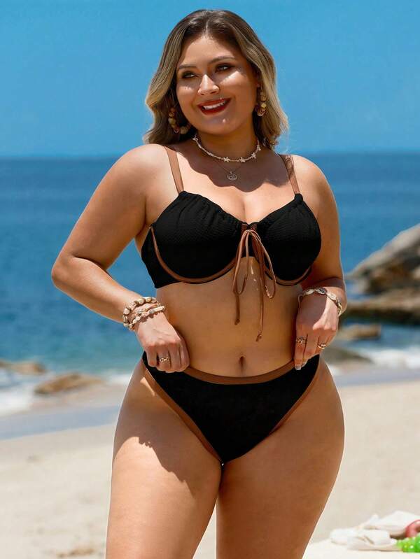 Biquíni Meia Taça Com Amarração Frontal Canelado Plus Size