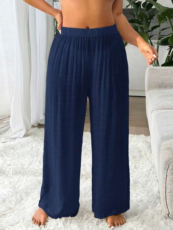 Saída De Praia Calça Pantalona Texturizada Resort Plus Size