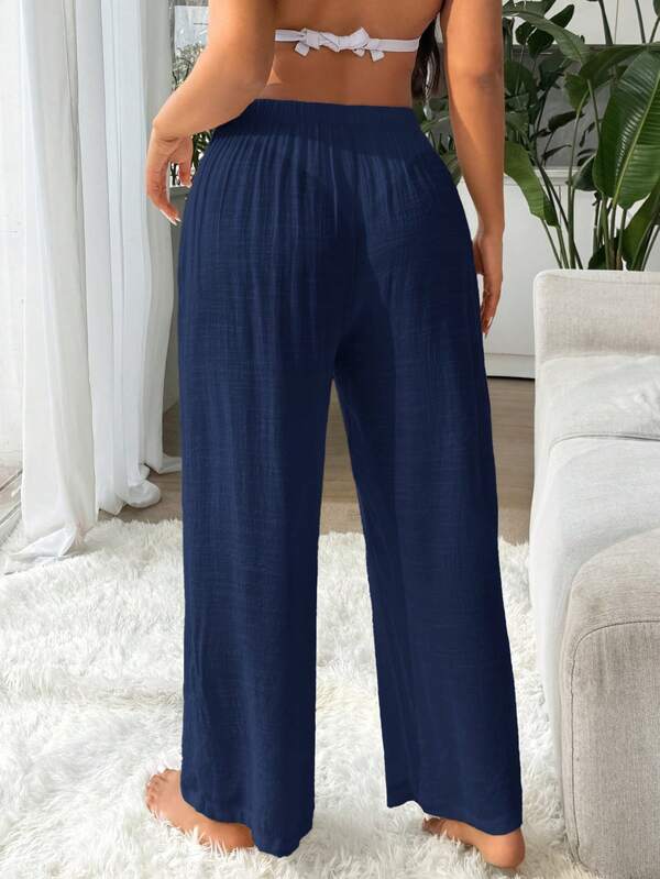 Saída De Praia Calça Pantalona Texturizada Resort Plus Size