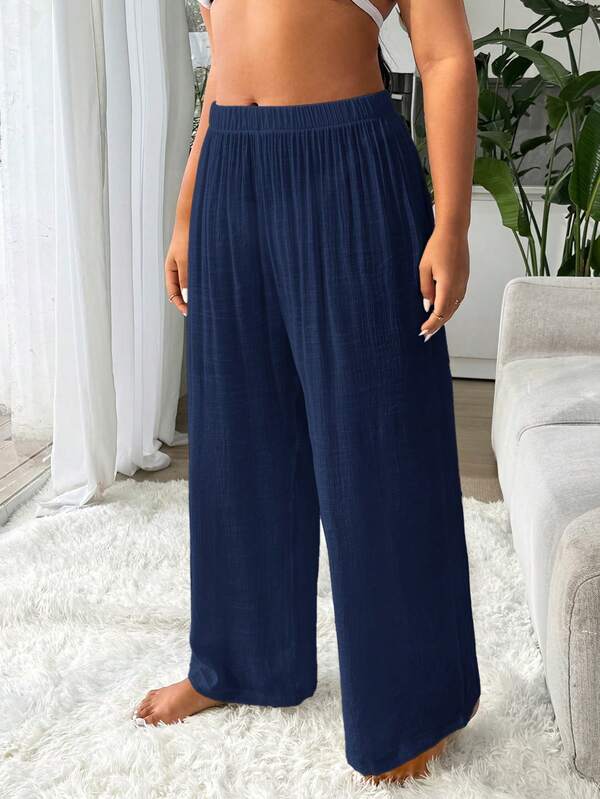 Saída De Praia Calça Pantalona Texturizada Resort Plus Size