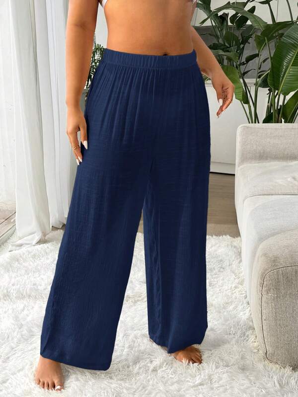 Saída De Praia Calça Pantalona Texturizada Resort Plus Size