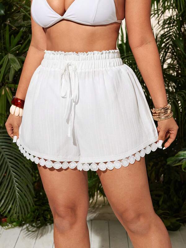 Saída De Praia Short Texturizado Com Amarração E Guipir Plus Size