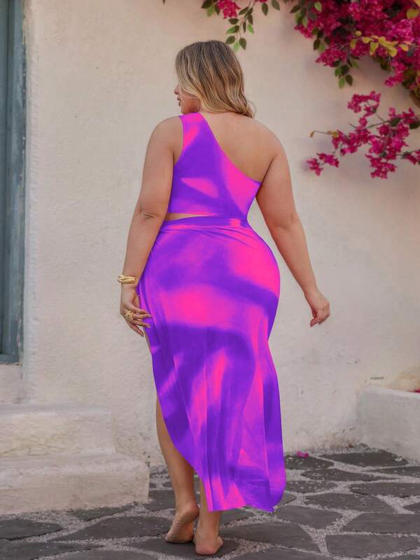 Conjunto Ombro Único Cintura Alta Com Pareô Degradê Plus Size
