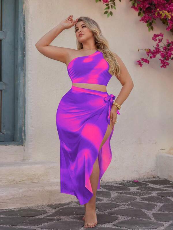 Conjunto Ombro Único Cintura Alta Com Pareô Degradê Plus Size