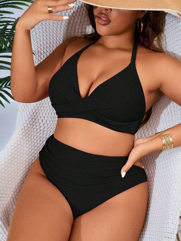 Biquíni Frente Única Cintura Alta Drapeado Canelado Plus Size