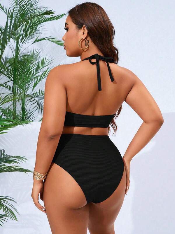 Biquíni Frente Única Cintura Alta Drapeado Canelado Plus Size