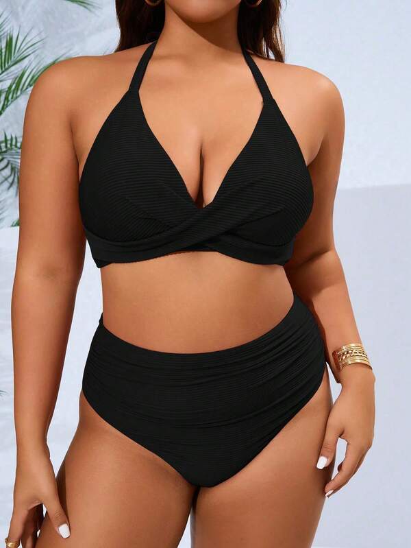 Biquíni Frente Única Cintura Alta Drapeado Canelado Plus Size