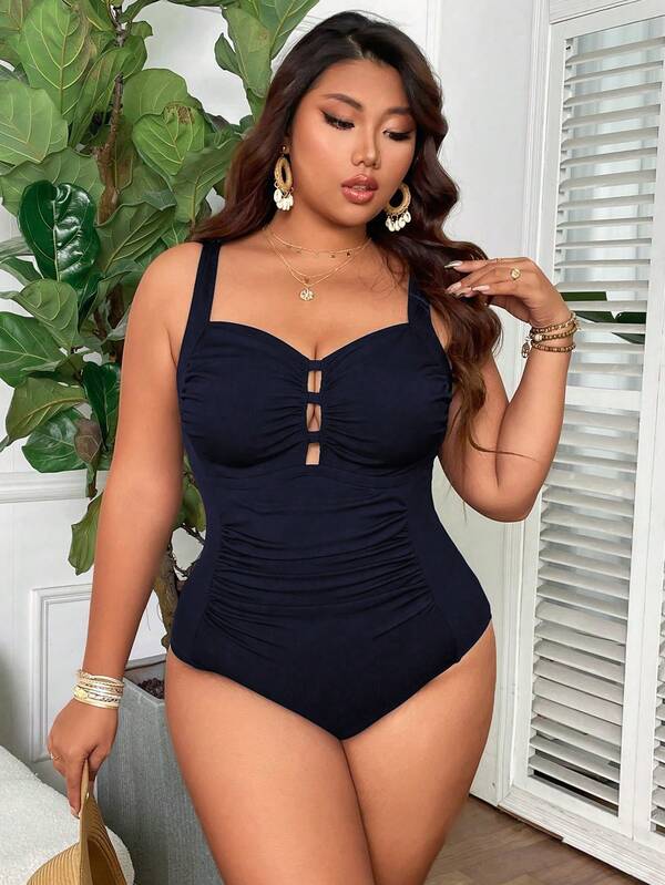 Maiô Regata Franzido Com Recortes Modelador Plus Size