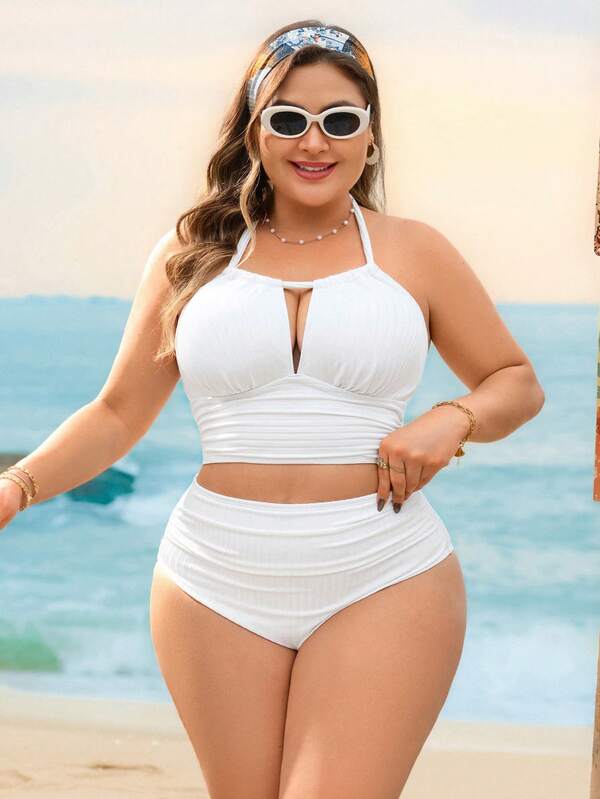 Biquíni Frente Única Cintura Alta Recorte Texturizado Plus Size