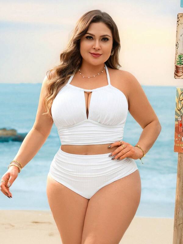 Biquíni Frente Única Cintura Alta Recorte Texturizado Plus Size
