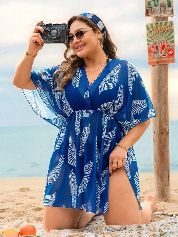 Saída De Praia Vestido Curto Estampado Transparência Plus Size
