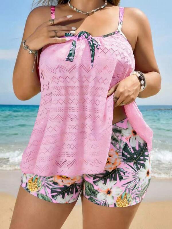 Tankini Alças Finas Com Amarração Alongado Solto Plus Size