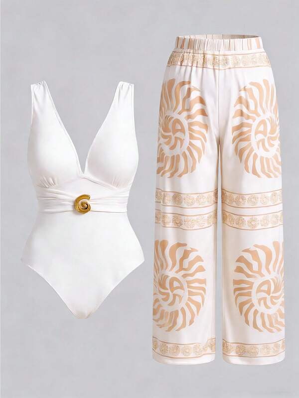 Conjunto Maiô Decote V Com Aviamento E Calça Plus Size